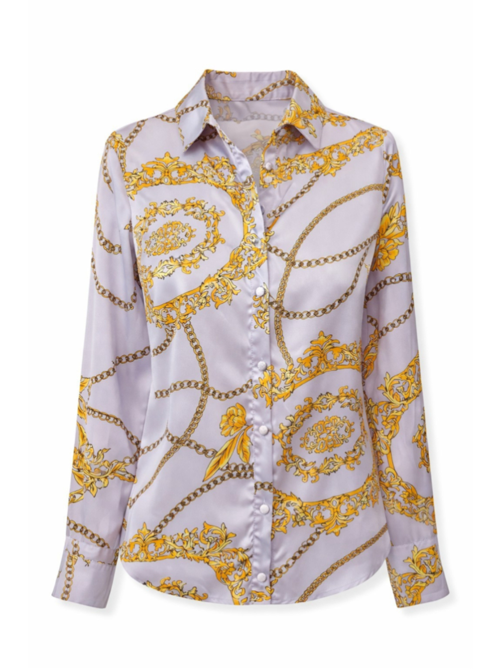 Industry Chain Print Blouse XS Satin Button Front Gold Baroque Shirt Top